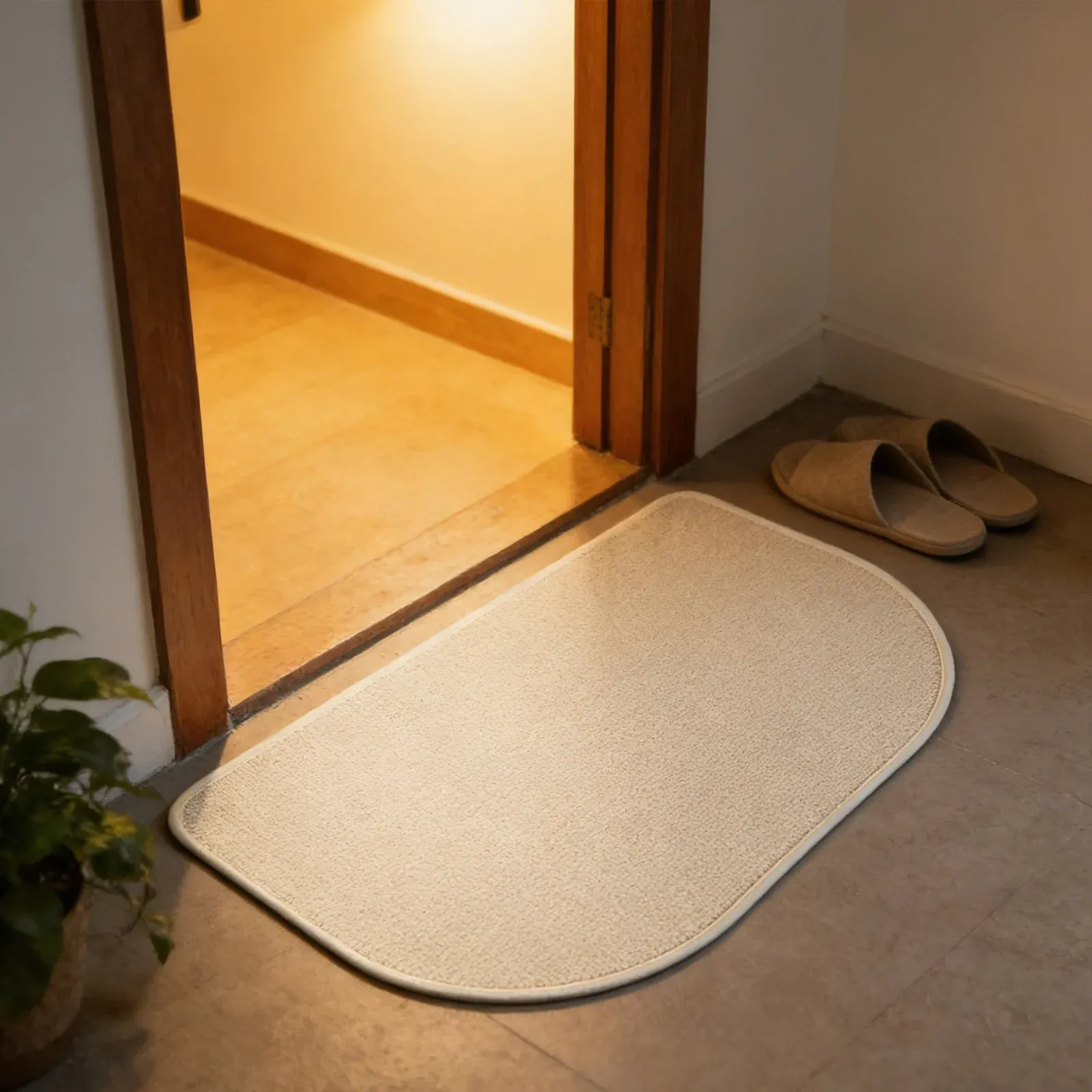 Beige Half Oval Linen Like Floor Mat, Anti Slip Door Mat for Entryway, 23.6 x 15.7 in โ image 4