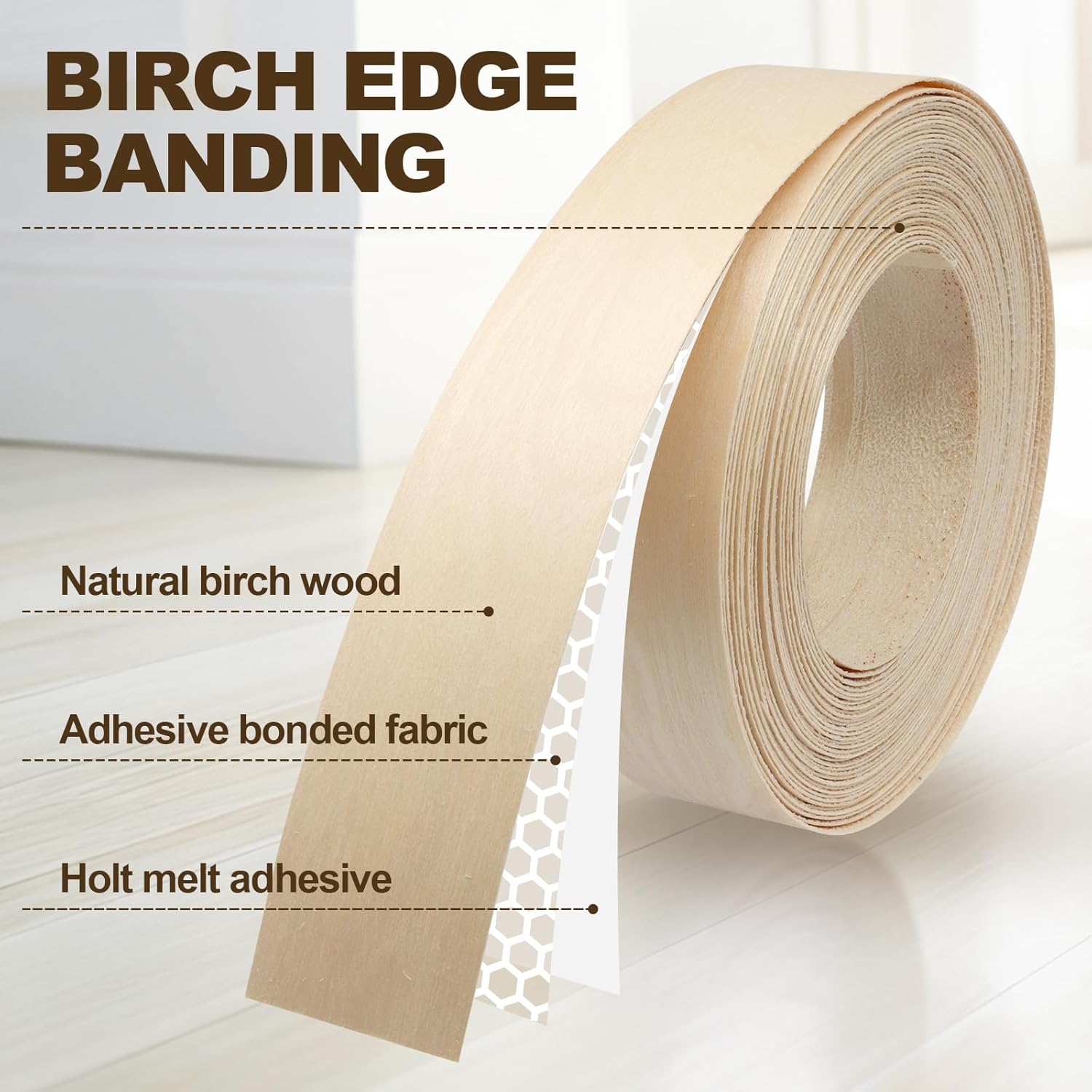 Biaungdo Birch Edge Banding 7/8 Inch x 50ft, Wood Veneer Roll Tape Banding Pre-Glued, Iron-on Veneer Edging Band Strips for Cabinet, Furniture Restoration — image 3