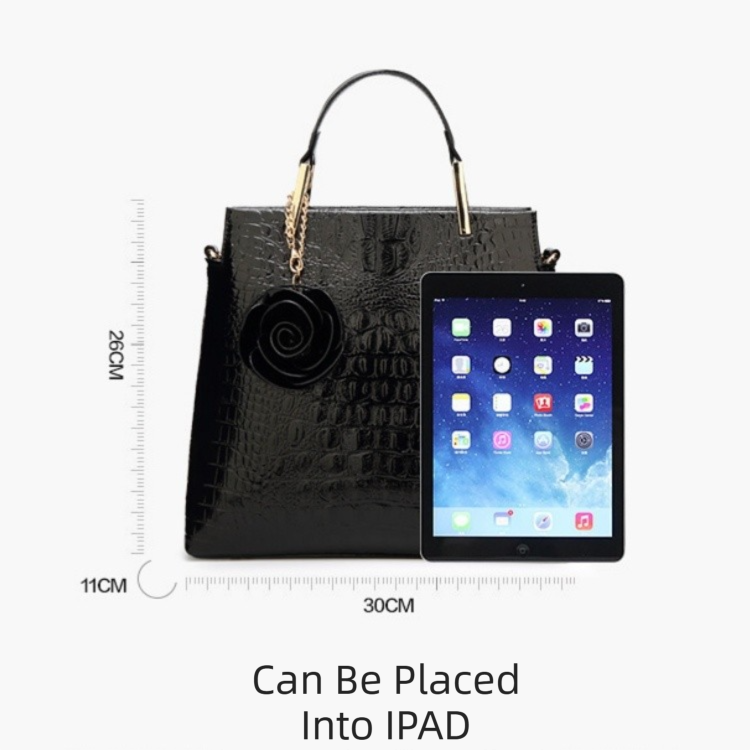 Black Patent PU Leather Crocodile Embossed Shell Bag(30 × 11 × 26 CM) with Floral Pendant — image 5