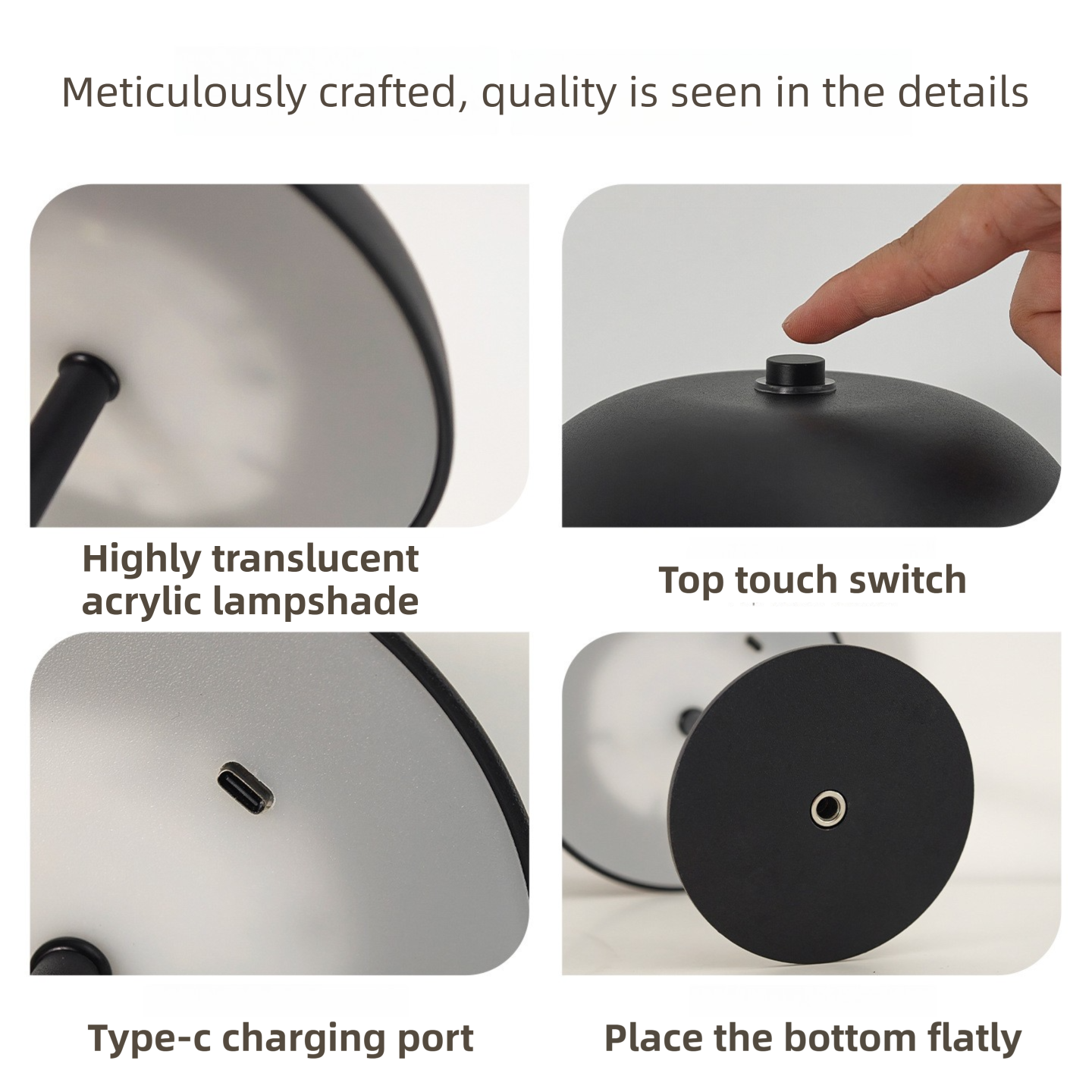 Black Metal Mushroom Table Lamp with Top Touch Control, 3 Colour Mode & Stepless Dimming - USB-C Rechargeable Night Light, Stable Base and — image 4