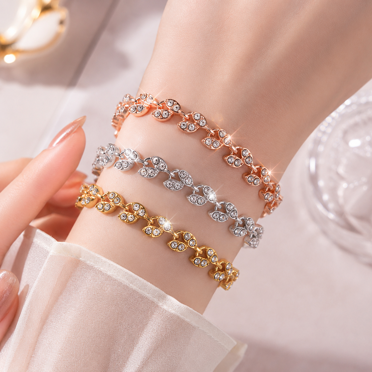 2 Pack Silver and Rose Gold Women's Crystal Leaf Bracelets with Gift Box – Elegant Rhinestone Alloy Link Bracelet, Minimalist Fashion Jewelry Gift for Women — image 4