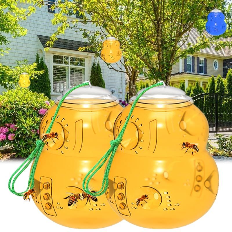 2 Pack Wasp Traps Outdoor Hanging with 2 Baits, Hornet Trap, Carpenter Bee Traps for Outside, Reusable Wasp Repellent Deterrent