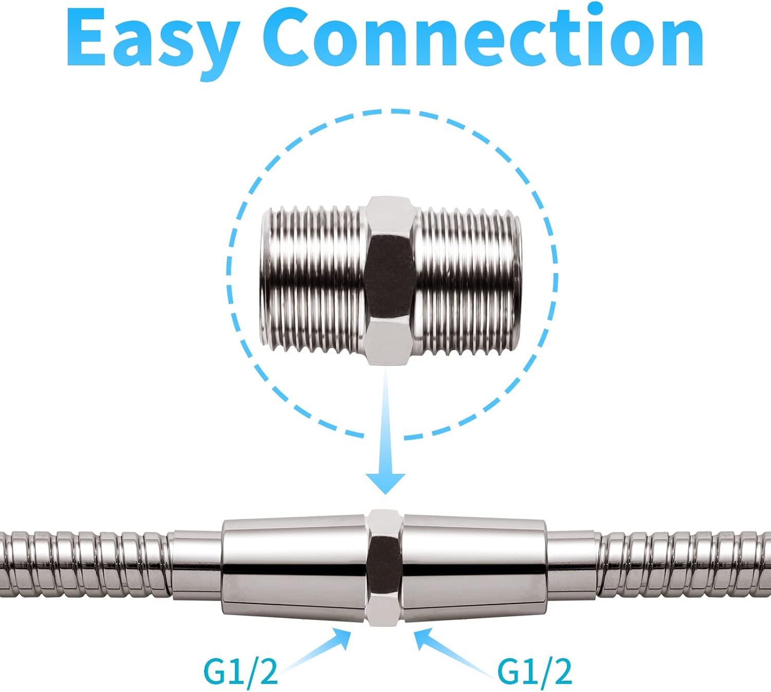 Shower Hose Extension Connector, 1/2 to 1/2 Shower Hose Extender Fitting Extra Long Joint, Used to Connect Two Hoses, Solid Stainless Steel, 1 PCS — image 2