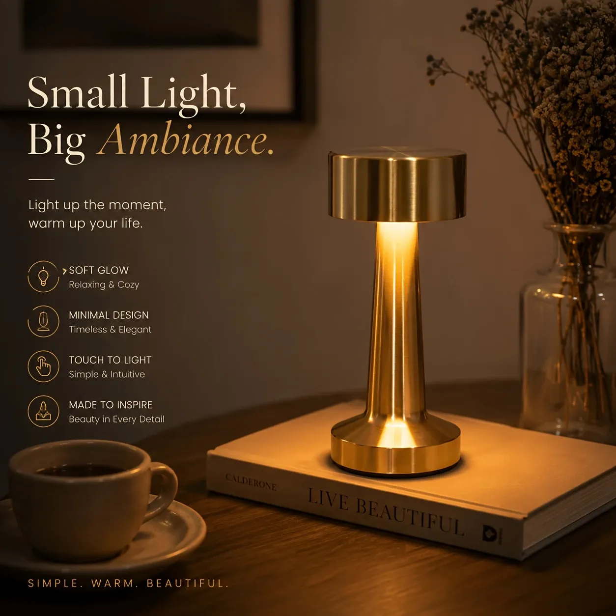 Dumbbell-Shape Metal Touch Lamp – Brushed Body, 3 Color Temperatures, Wireless & Portable, Soft Eye-Friendly Ambient Light(Matte Black) — image 6