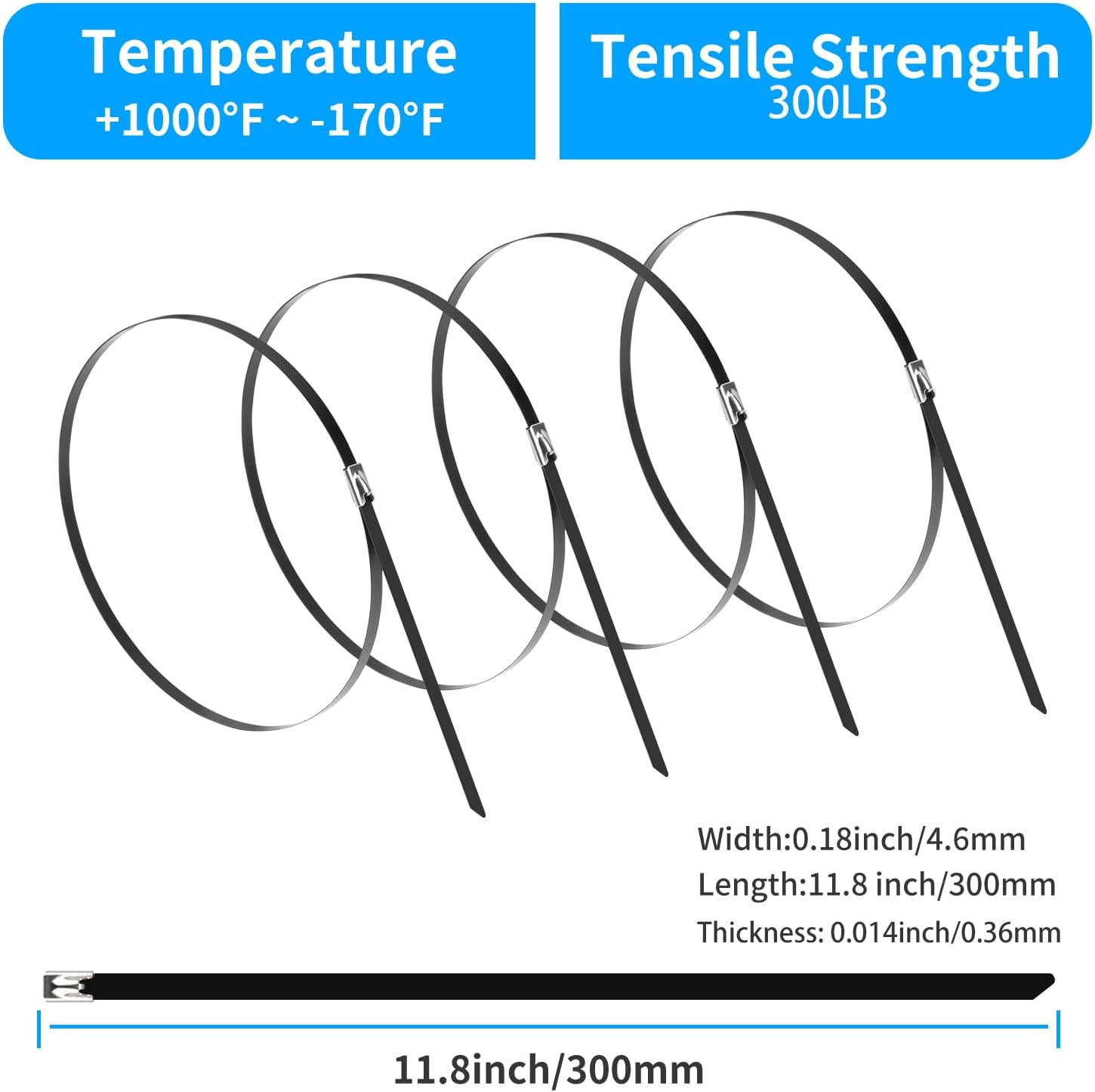 11.8 Inch Metal Zip Ties (200 Pack), 304 Stainless Steel Heavy Duty Zip Ties, 300lbs Tensile Strength, Multi-Purpose Self-locking Cable Ties for Exhaust Wrap — image 2