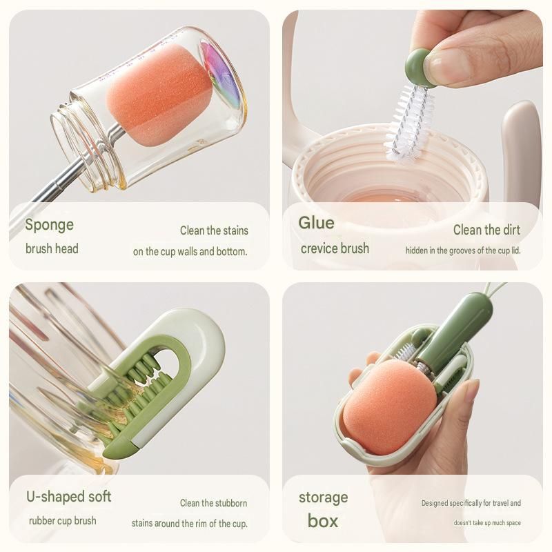 Green Portable 3-in-1 Cup Cleaning Brush Set with 3 Replacement Sponge Heads – Retractable Long Handle Bottle Brush for Travel Mugs, Coffee Cups, Water Bottles — image 3