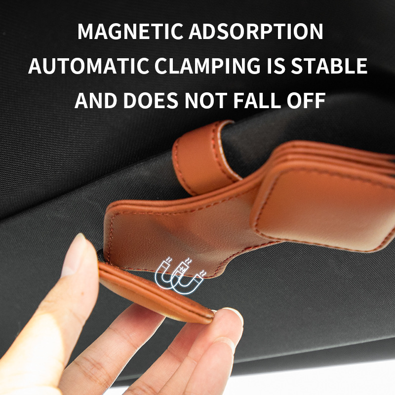 2 Pcs Brown Car Sun Visor Glasses Holder Clip with Dual Magnetic Clamps - PU Leather, Anti-Slip, and Multi-Functional Storage — image 5