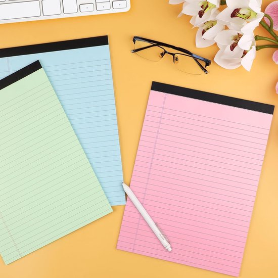 Coloured notepads, set of 3 writing pads 29.5 x 21.4 cm, with micro-perforation and sturdy back, broad lines, 50 sheets per pad, ideal for school, university — image 5