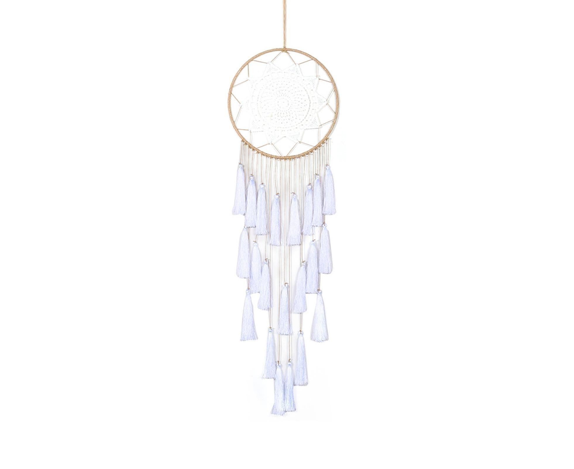 Round Handmade Wall Hanging Wind Chime Dream Catcher with Tassel Home Decor-White