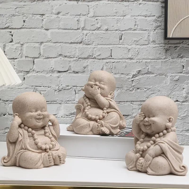 Zen Monk Resin Figurine, 3 poses hear-see-speak no evil, sandstone texture, serene smiling Buddha, perfect for tea pet, desk, car, indoor & garden decor — image 3