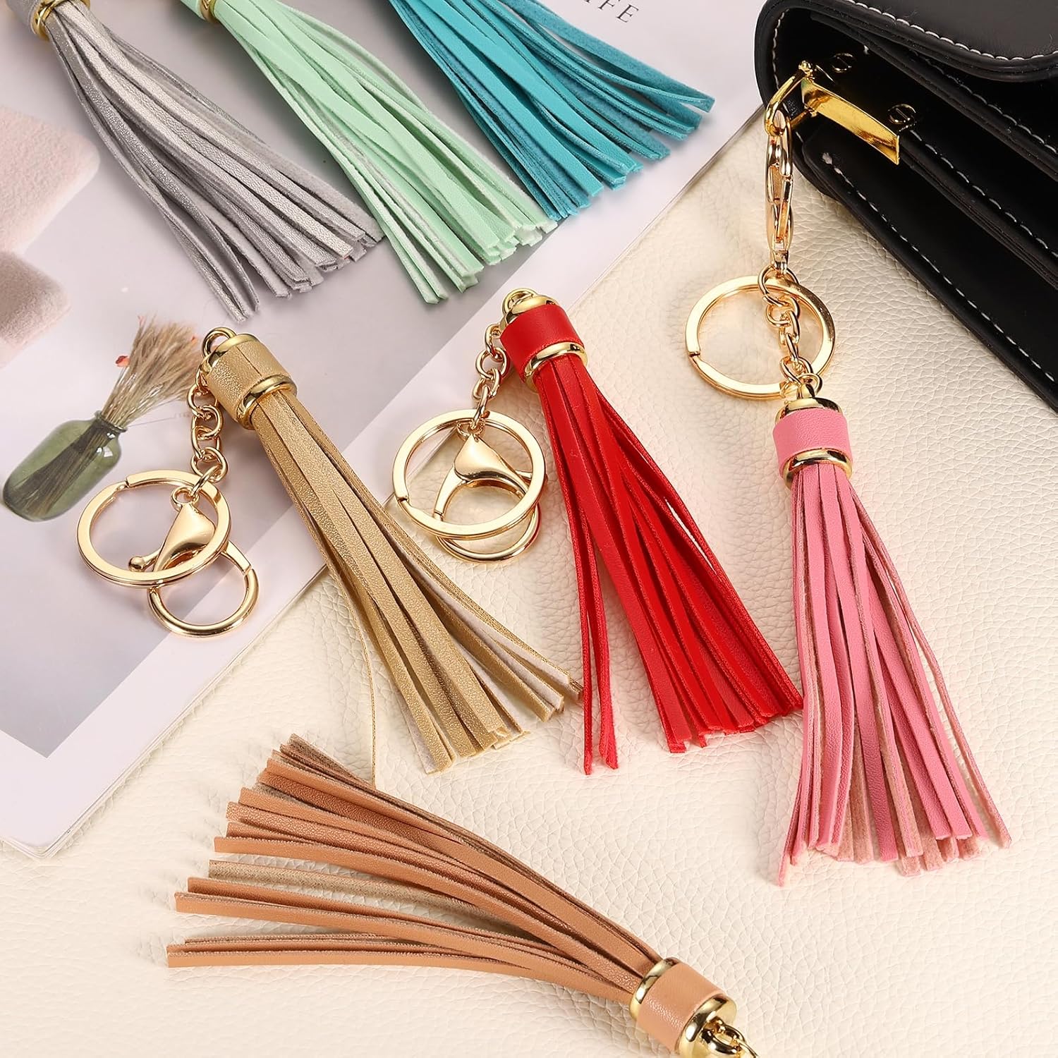 Leather Keychain Tassels, Women Tassel Bag Charm with Lobster Clasp Key Ring for Handbag Purse โ image 4