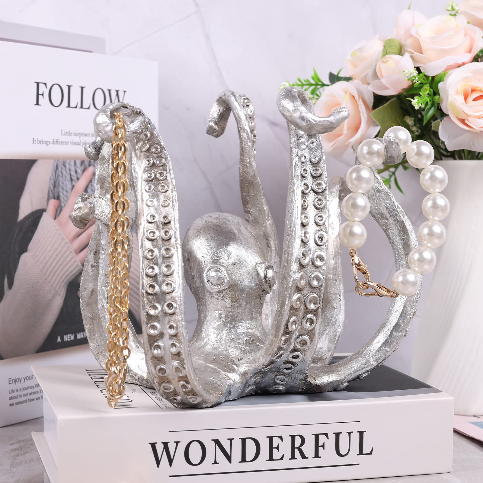Multi-Functional Octopus Sculpture – Decorative Resin Cup Holder & Jewelry Organizer, Unique Home Accent for Living Room, Office, or Desk (Silver) — image 4