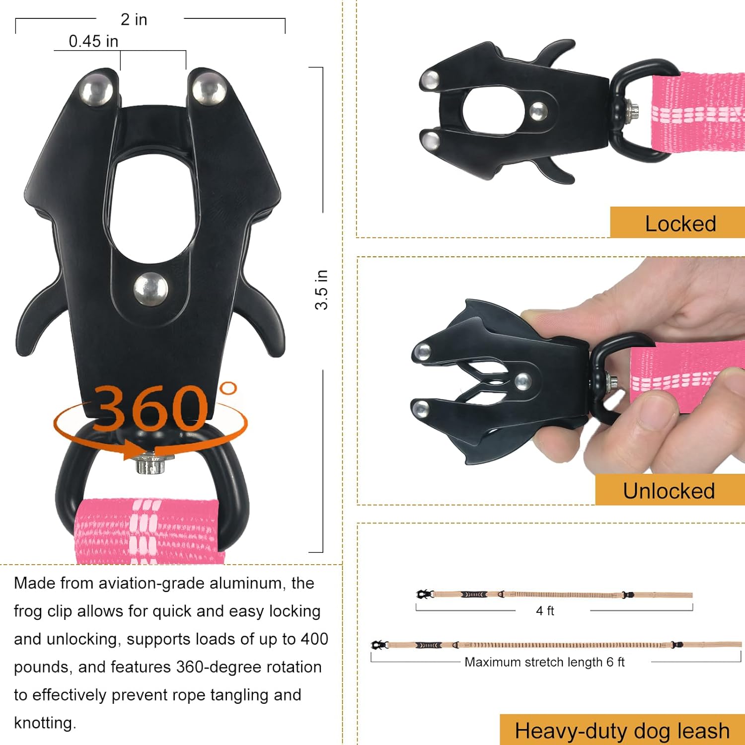 Tactical Bungee Dog Leash - Pink Heavy Duty Leash for Large Dogs with Reflective Stitching, 2 Handles, Seatbelt Clip, 4-6FT — image 3