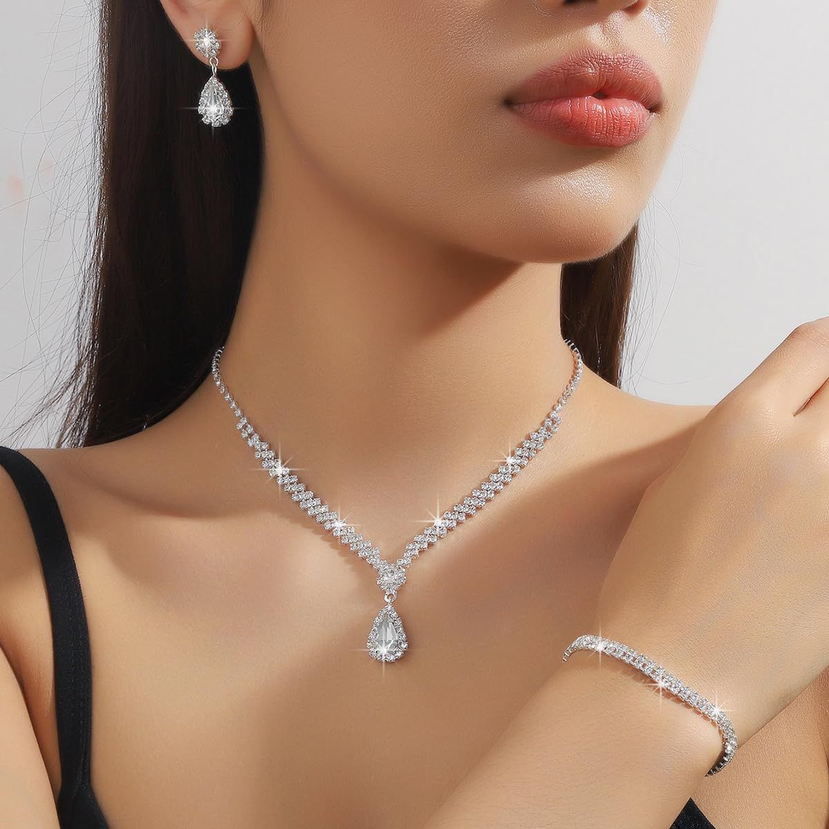 Wedding Jewelry for Bridal Bridesmaid Silver Rhinestone Jewelry Set Bride Crystal Necklace Earrings Set for Women Party Prom — image 3