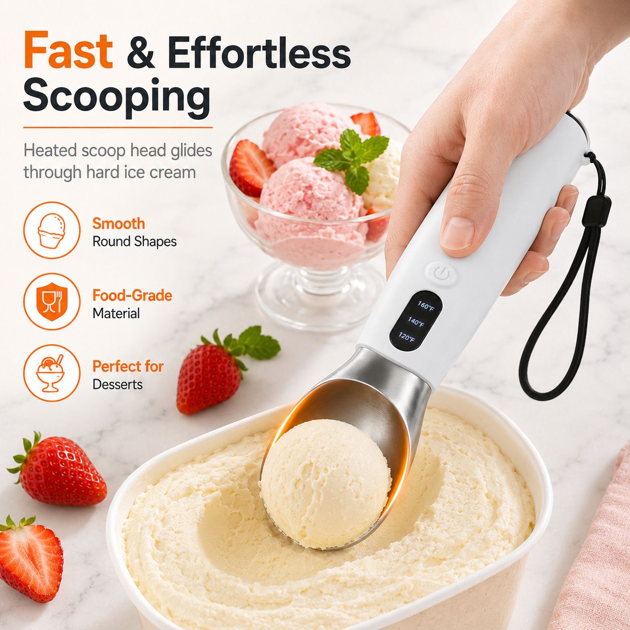 Rechargeable Smart Heated Ice Cream Scoop, 3 Temperature Settings for Quick Scooping, Zinc Alloy Head with Silicone Handle, Type-C Charging — image 2