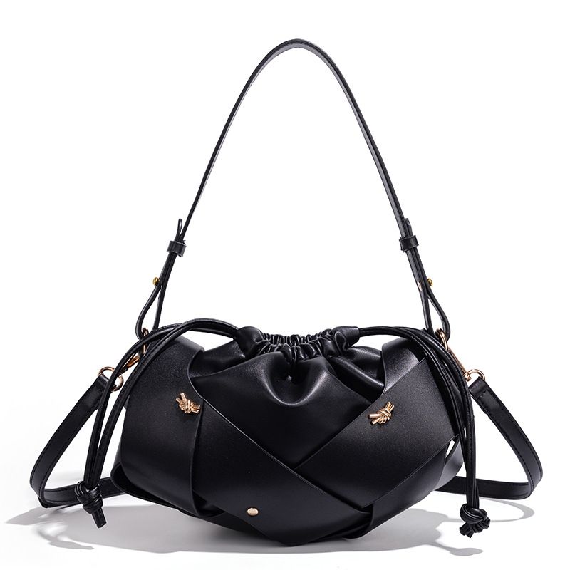 Handwoven PU Leather Drawstring Shoulder Crossbody Bag, Large Capacity Stylish Commuter Handbag with Structured Shape & Alloy Deco, Black 29x10x15.5cm