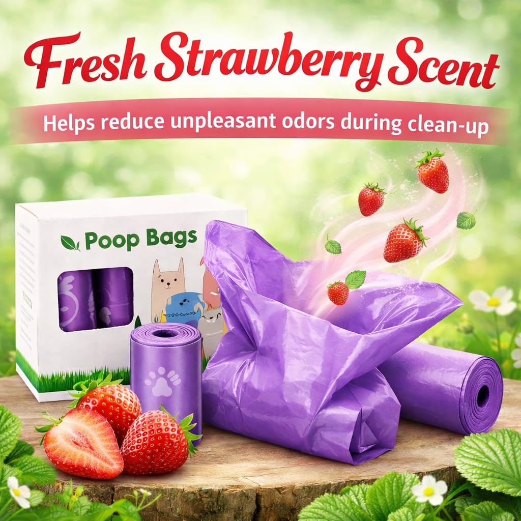 Dog Poop Bags with Dispenser – 300 Count, Leak-Proof, Strawberry Scented, Large Size for All Dogs, Biodegradable & Durable (Purple) — image 2