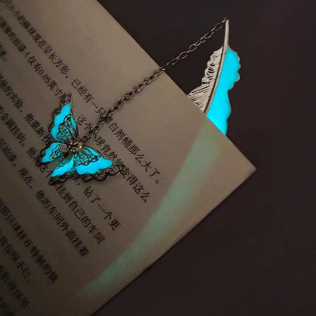 Feather Metal Bookmark with 3D Butterfly Pendant, Unique Glow in The Dark Butterfly Bookmark, (Silver Butterfly) — image 2