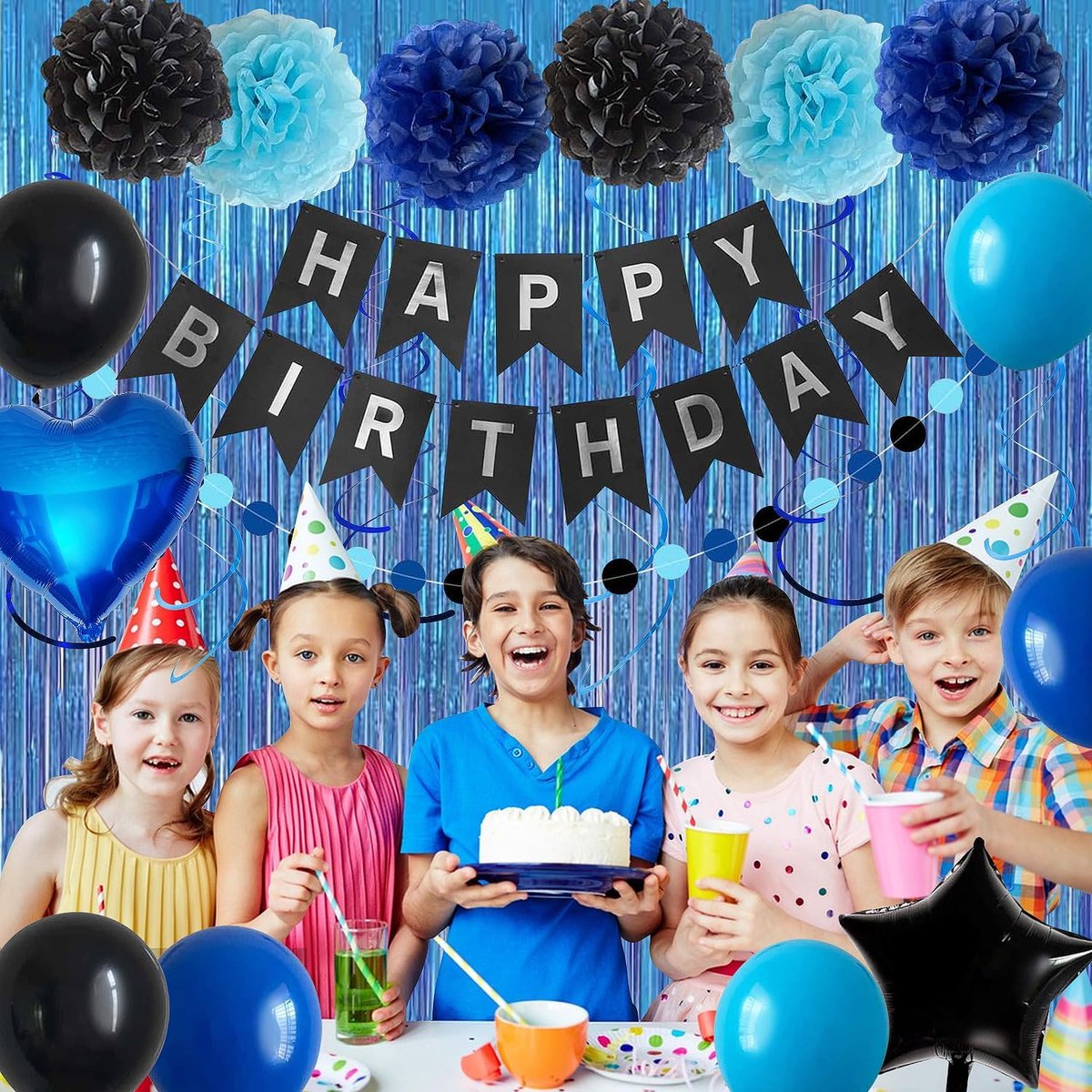 Blue-black birthday party decoration set - Banner & balloons — image 5