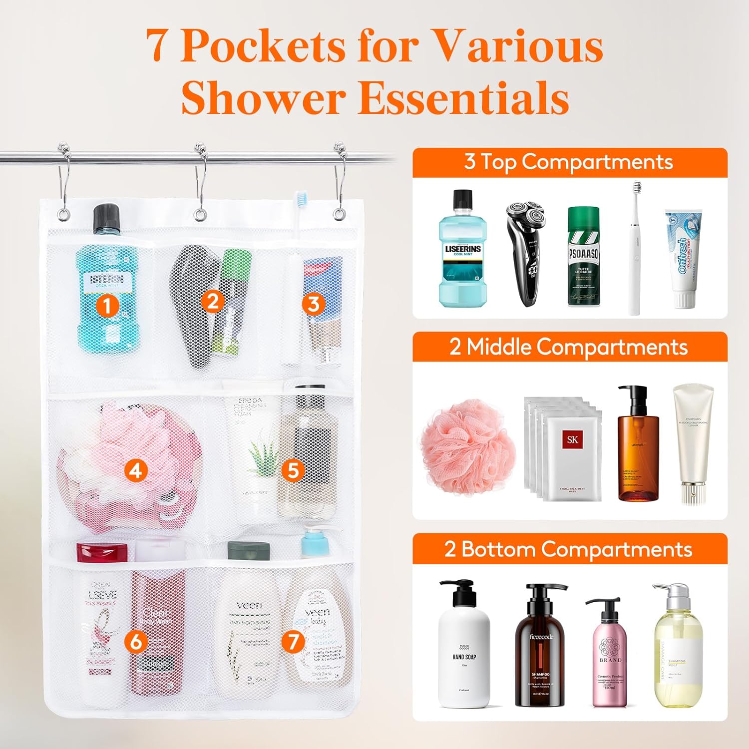 Cruise Essentials Shower Caddy Mt-Have, 7 Pockets Hanging Bathroom Organizer with Quick-Dry Mesh, Portable Shower Bag to Storage Soap, Shampoo, for RVing — image 3