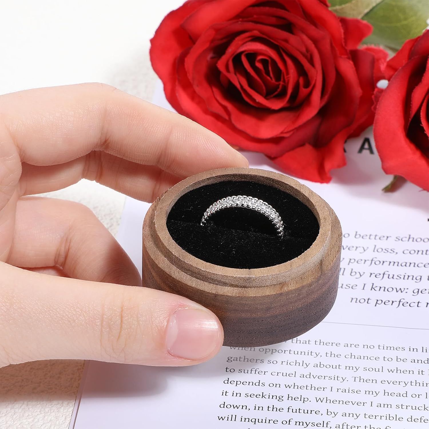 2pcs Wooden Ring Box, Men Women Mini Unique Rings Jewelry Storage Case for Proposal Wedding Engagement Ceremony Anniversary(Single slot solid wood cover) — image 3