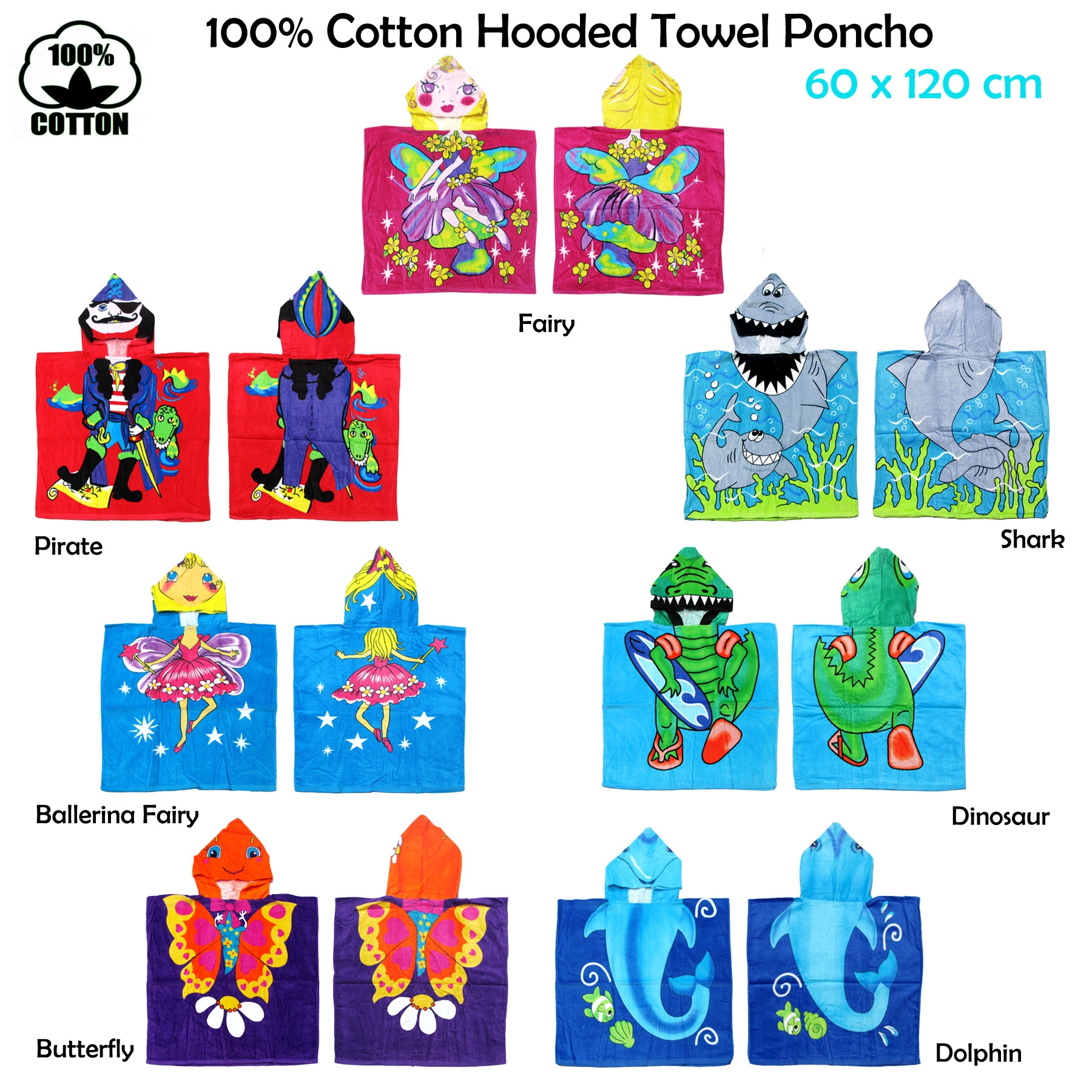 Cute Kids Cotton Hooded Towel Poncho 60 × 120 cm Shark — image 2