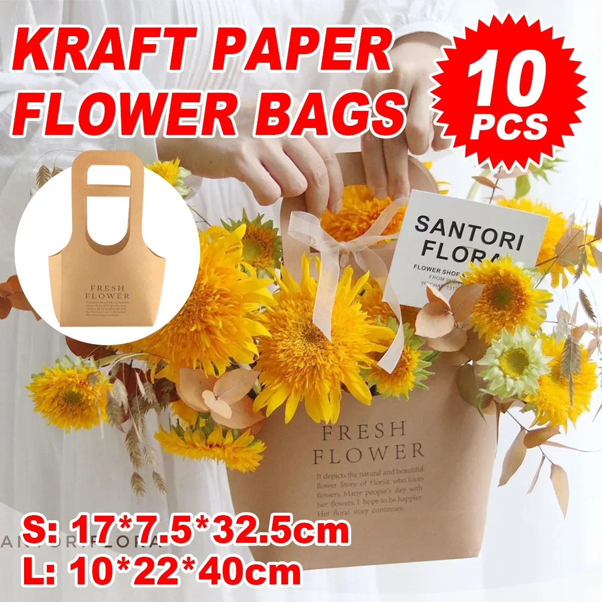 10PCS Handheld Kraft Paper Flower Gift Bags Natural Finish for Bouquets - L — image 2