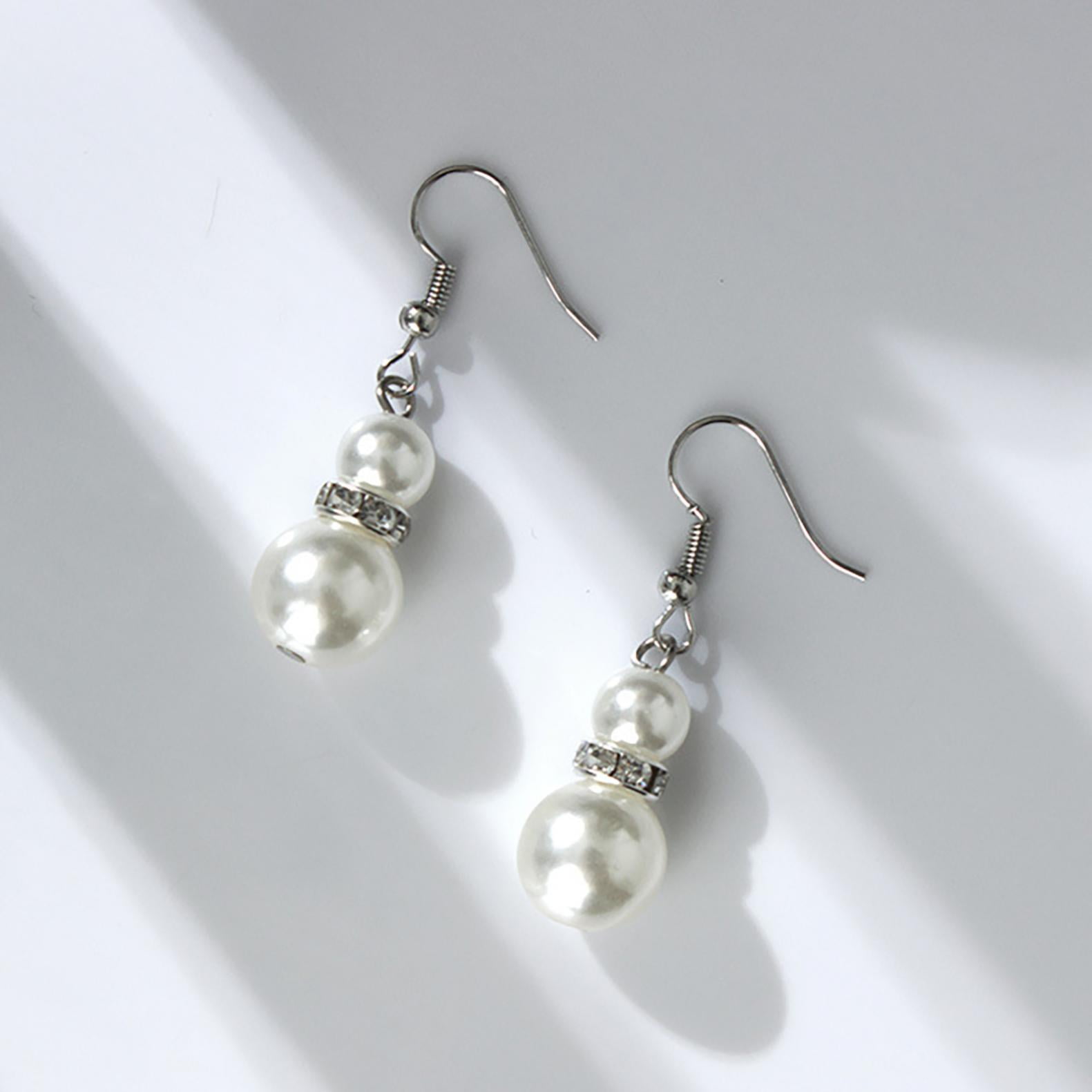 Pearl Necklace and Earring Set Simulated Shell Pearls Round White Silver Pearl Stud Earrings Bracelets Wedding Jewelry Sets for Bride Bridesmaid Women โ image 5