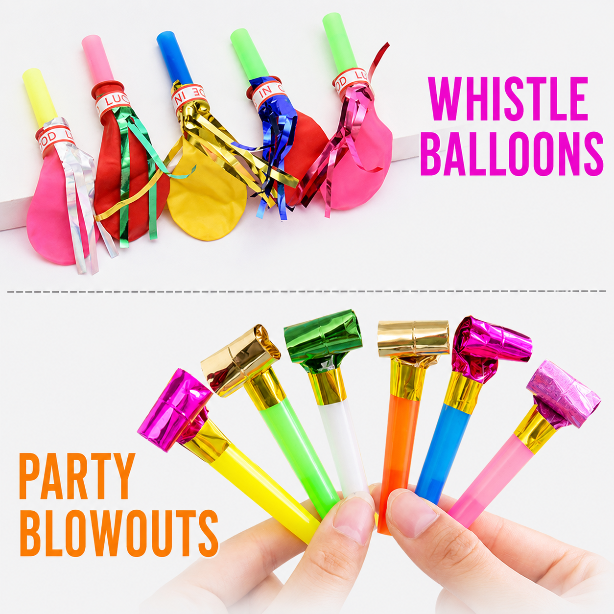 100 Piece Party Whistle and Blowout Set - 50 Whistle Balloons and 50 Party Blowers, Colourful Noise Makers for Birthdays, Celebrations and Party Bags โ image 3