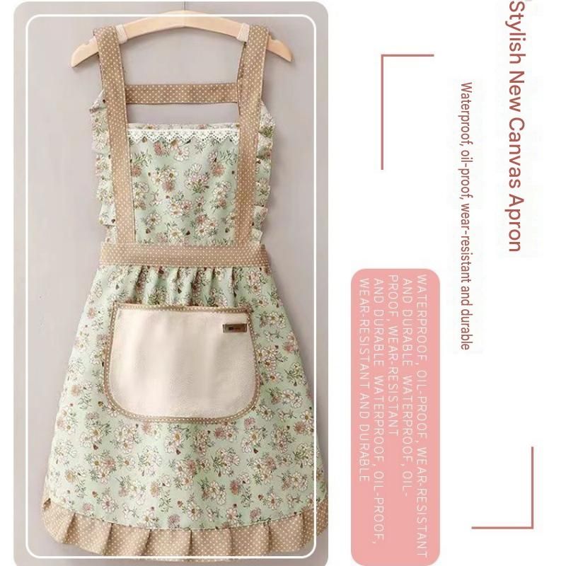 Floral Canvas Blue Kitchen Apron - Waterproof Oil-Resistant with Hand-Wipe Pocket, Adjustable Back Tie and Wide Shoulder Straps for Cooking Baking and Home โ image 3
