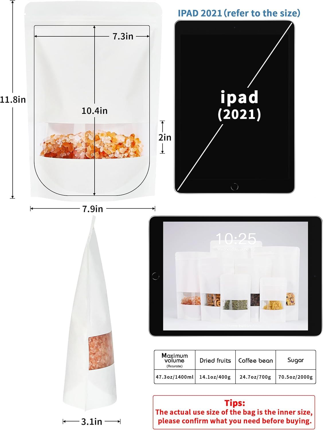 100 Pcs White Paper Bags with Window, 7.9" x 11.8" Stand Up Pouches Bags, Zipper Food Storage Bags for Packaging Products, Reusable, Sealable — image 3