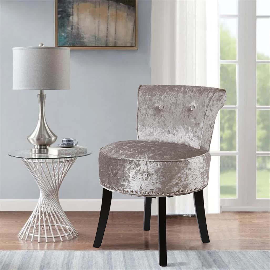 Grey Round Vanity Stool with Padded Seat and Backrest — image 5