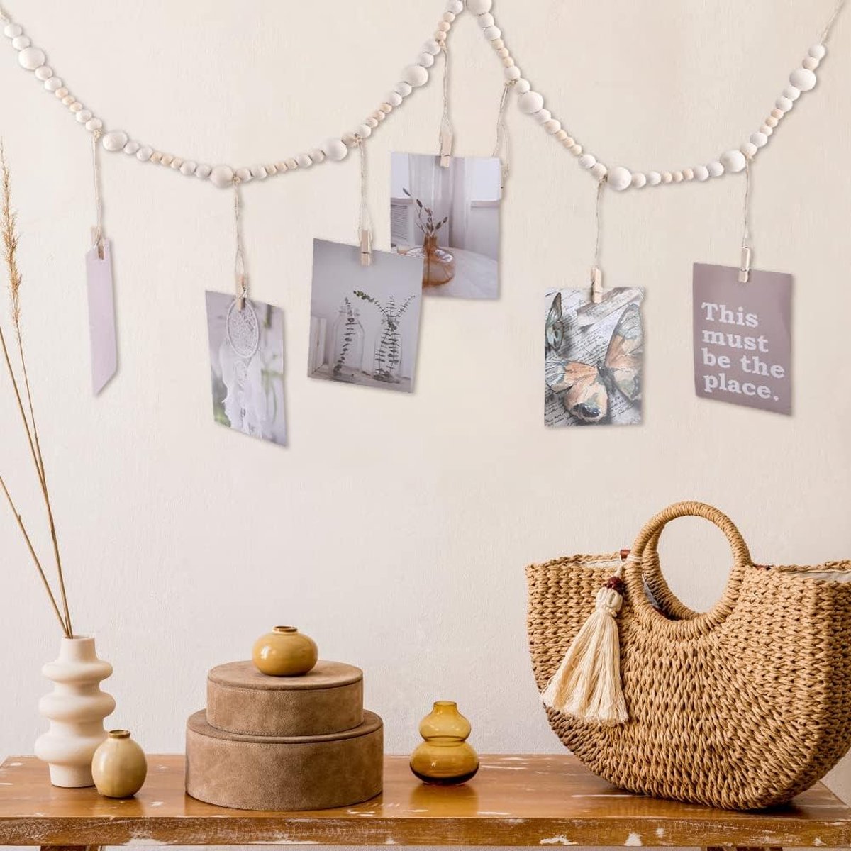 Photo Garland - Hanging Card/Photo Garland - Photo Rope 120 Cm - Photo Hanging Display With 7 Photo Clips - DIY Photo Frame - Wall Decoration - Boho Wooden — image 4
