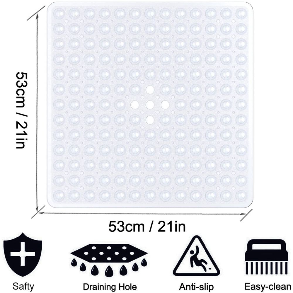 2 Pack Shower Stall Mat, 21x21 Square Bathroom Bath Tub Mats for Stand up Showers and Small Bathtubs Drain Holes Keep Floor Clean, Suction Cups Soft on Feet Machine Washable Clear