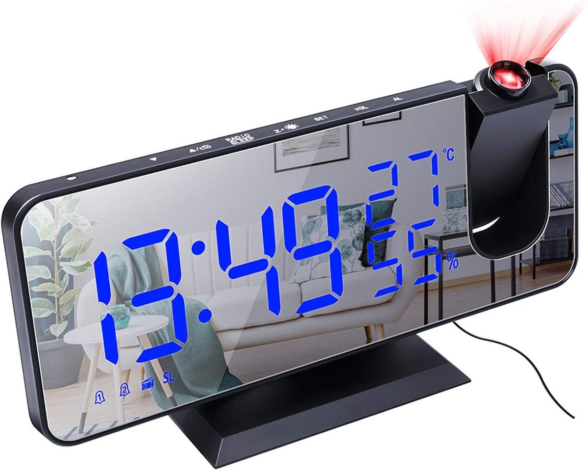 Radio Wekker digital projection with 4 dimmers and 180° rotation - 2 sounds - Groot 7.4'' mirror screen Black-Blue