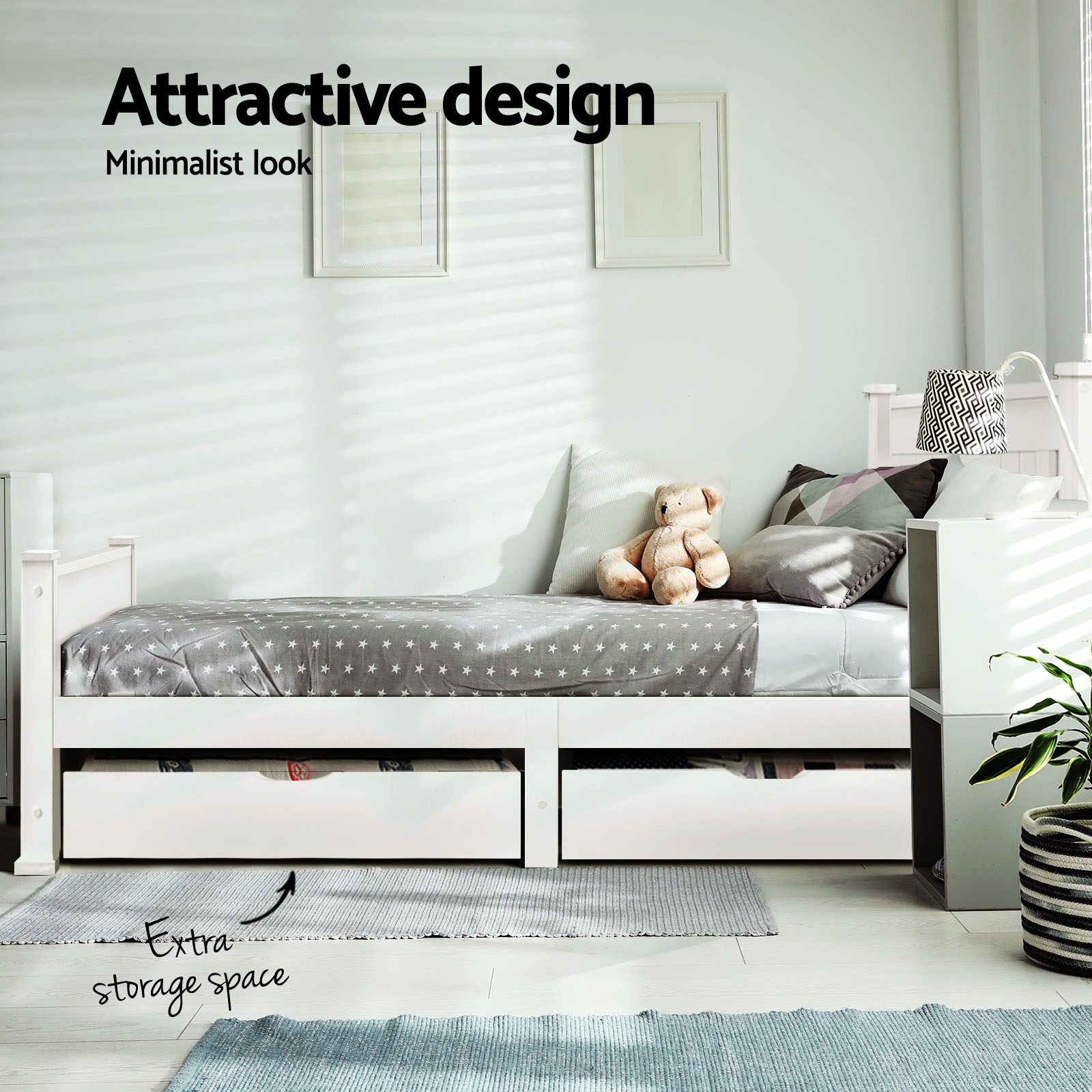 Artiss Bed Frame Single Size Wooden with 2 Drawers White RIO โ image 5