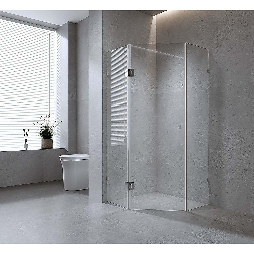 90cm Frameless Diamond Shower Screen – Gunmetal F-Brackets, Brass Hinges & Square Double Pull Handle