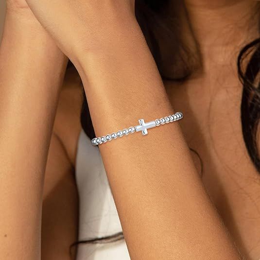 Women’s Silver Bracelet, Silver Elastic Beaded Bracelet, Handmade Ball Accent Bracelet, Elegant Silver Jewelry Gift — image 4
