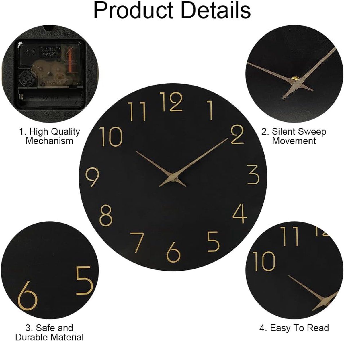 Silent Non Ticking Wall Clock, MDF Wood Dial With Large Numbers, Battery Operated, For Living Room Bedroom Kitchen Office, Black, 25 x 25 cm — image 3