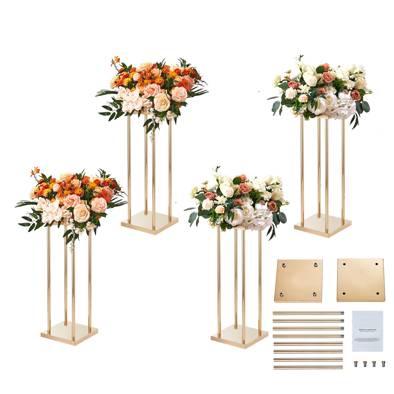 4PCS Gold Metal Column Wedding Flower Stand, 23.6inch /60cm High With Metal Laminate, Vase Geometric Centerpiece Stands, Cylindrical Floral Display Rack for