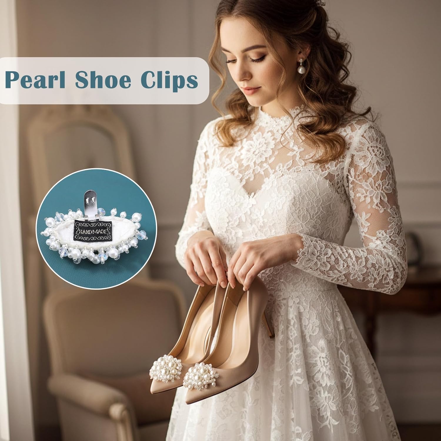 2Pcs Pearl Flower Shoe Clips for Women Dress Shoes, 1.57 x 2.76" White Bridal Wedding Floral Shoes Clips Charms with Crystal Beads Detachable Flower Shoe โ image 3