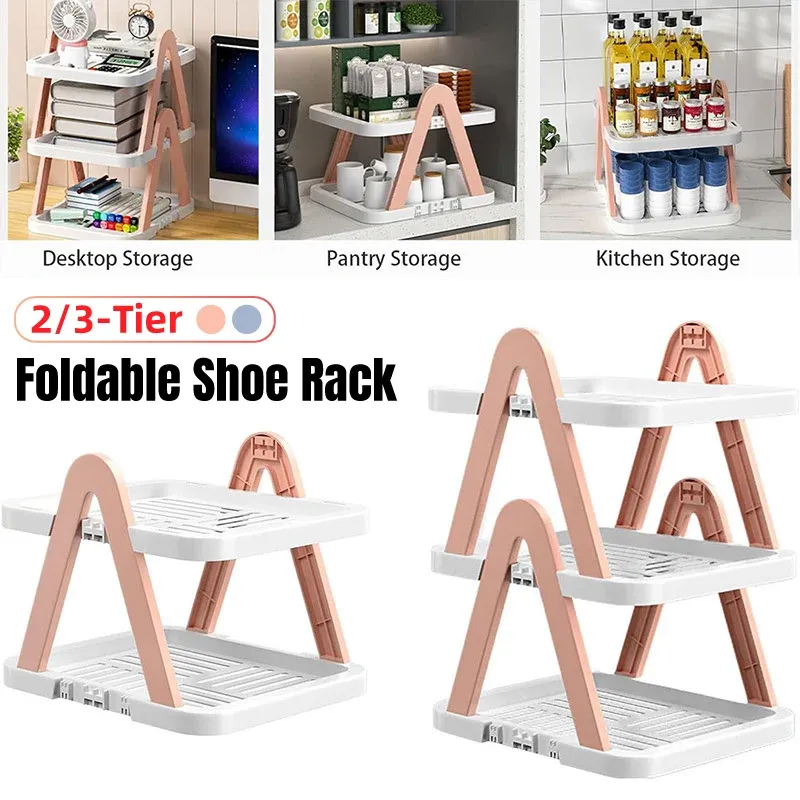 2/3 Tier Removable Shoe Rack Folding Storage Shelf Simple Space Saving Organizer - 2Tier-Blue — image 2