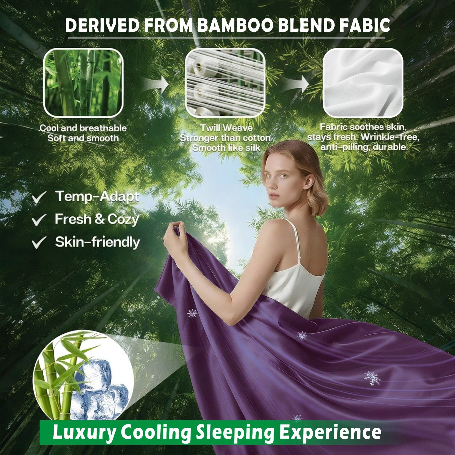 3 Piece Hotel Bamboo Cooling Sheet Set -Ultra Soft 2000TC Breathable Bed Sheets Set with 37 Centimetre Deep Pocket-Cooling Sheets for Hot Sleepers(Purple,King — image 3