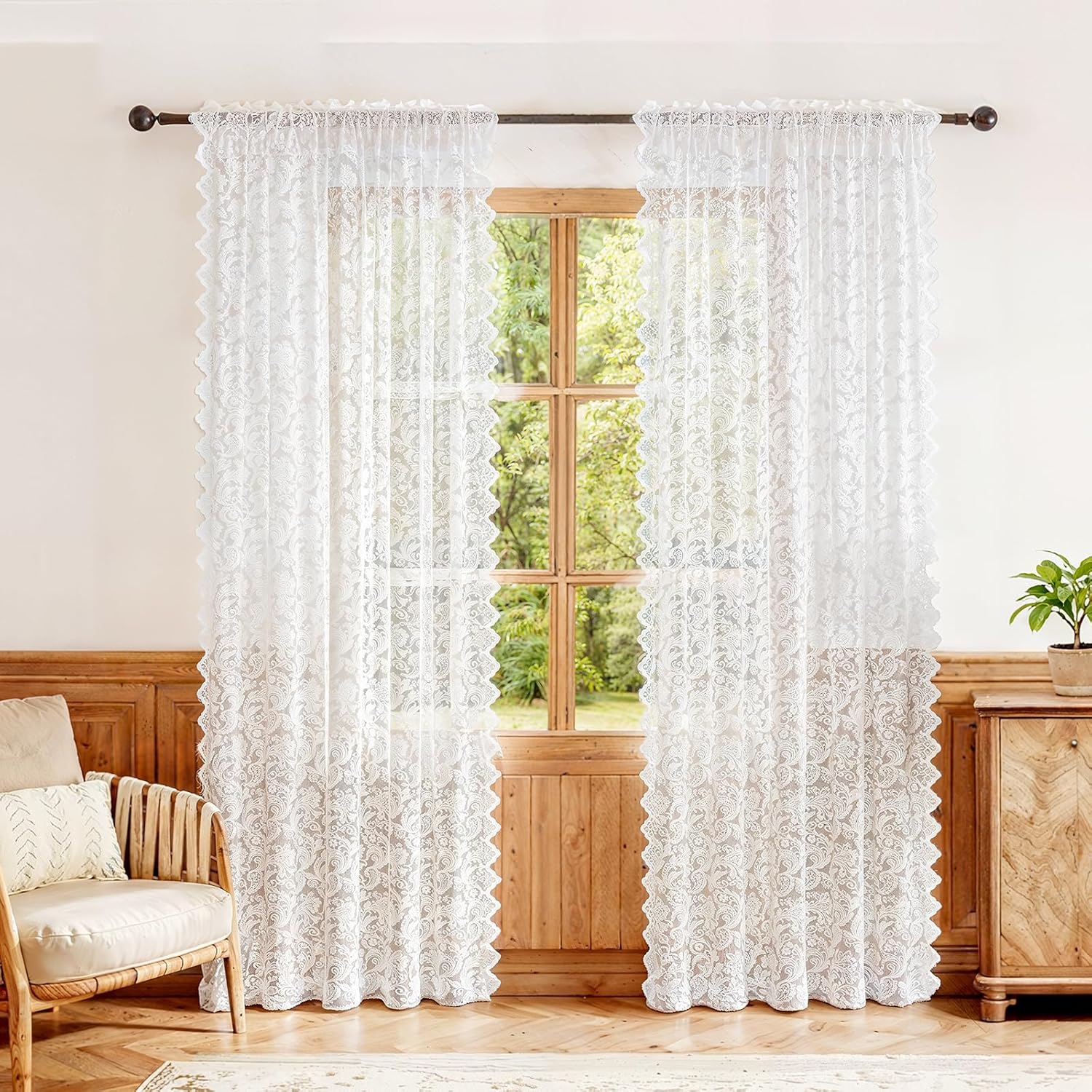 Vintage Lace Sheer Curtains 63" 2 Panels White, Elegant Floral Soft Fabric, Scalloped Edge, Easy Install Rod Pocket Drapes for Bedroom Living Room & French — image 2
