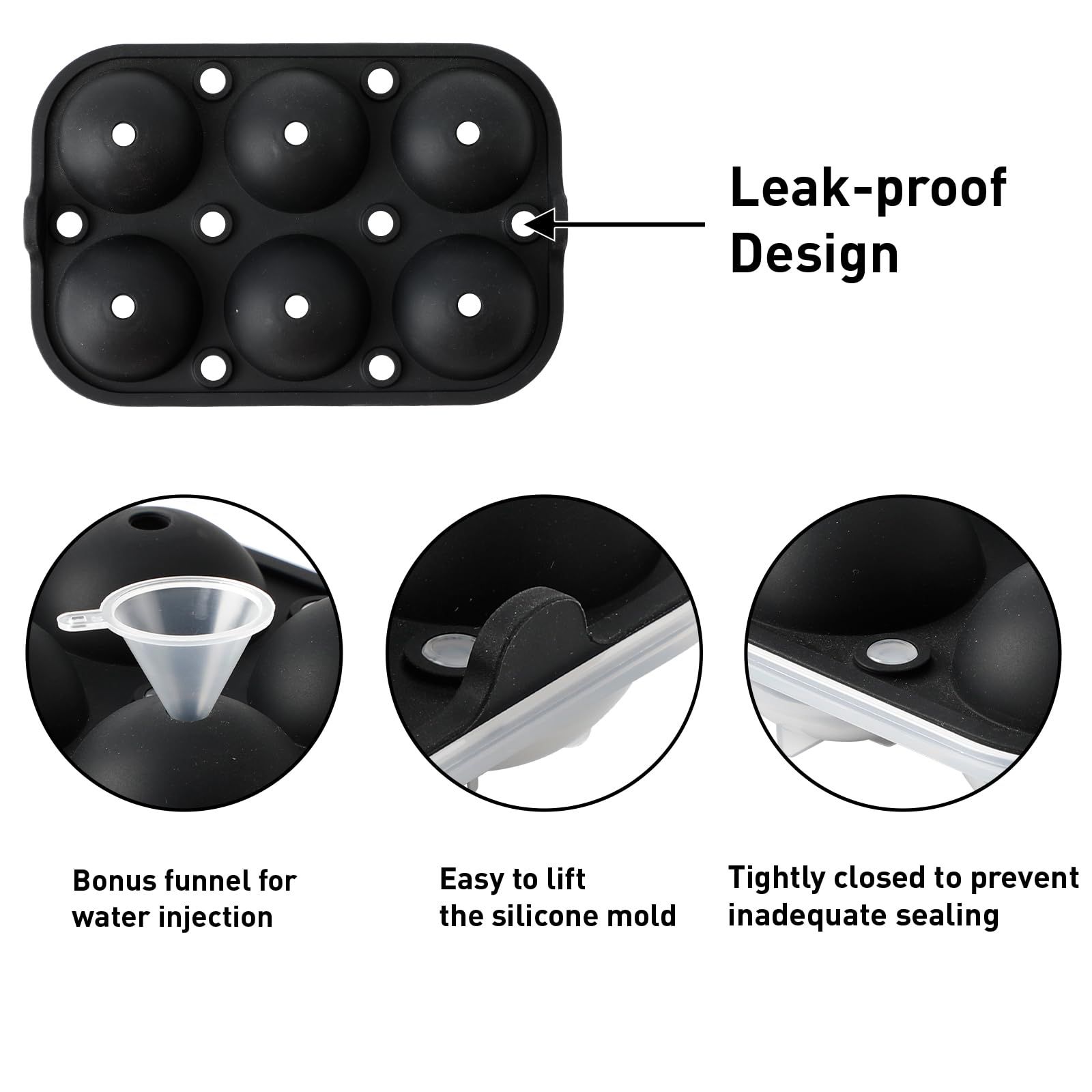 Reusable Silicone Ball Ice Cube Mold, Sphere Ice Cube Mold with Funnel for Whiskey, Cocktails, Homemade (Black) — image 3