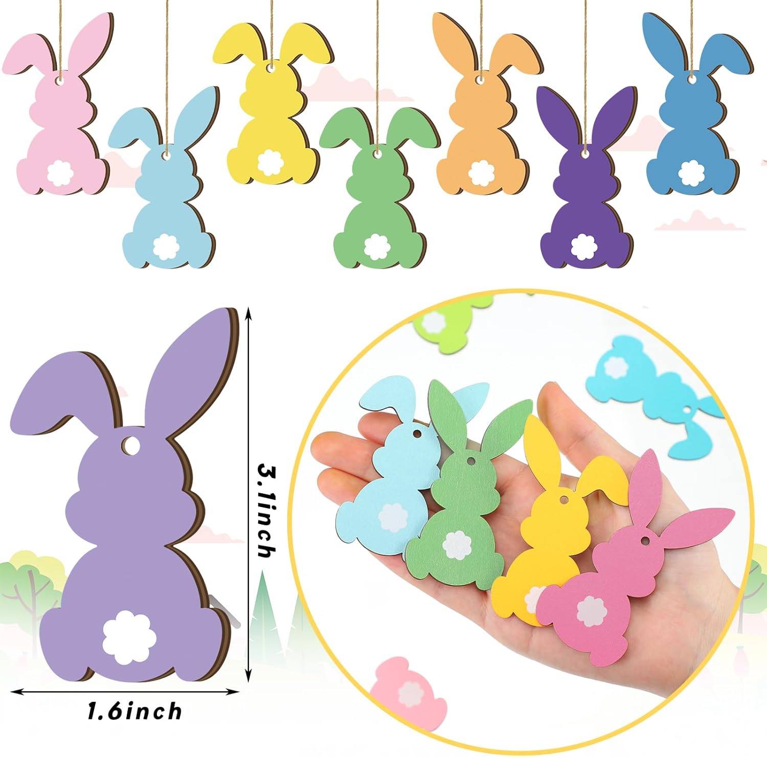36 Pcs Easter Bunny Tree Ornaments Easter Wooden Hanging Decor 12 Color Rabbit Embellishments for Tree Wood Bunny Tags Rabbit Shape Cutouts with String for — image 2