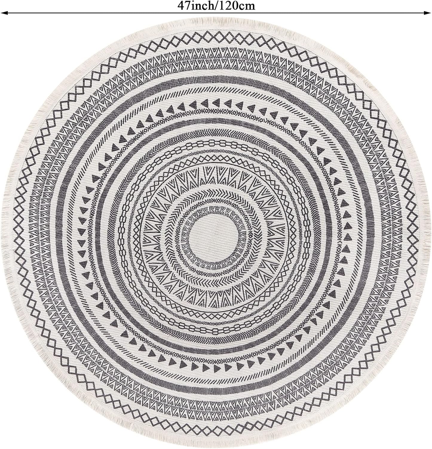 Grey Round Woven Cotton Rug with Fringes 120cm Washable Absorbent Rug Moroccan Style Print 120*120CM—yux 120*120CM — image 3