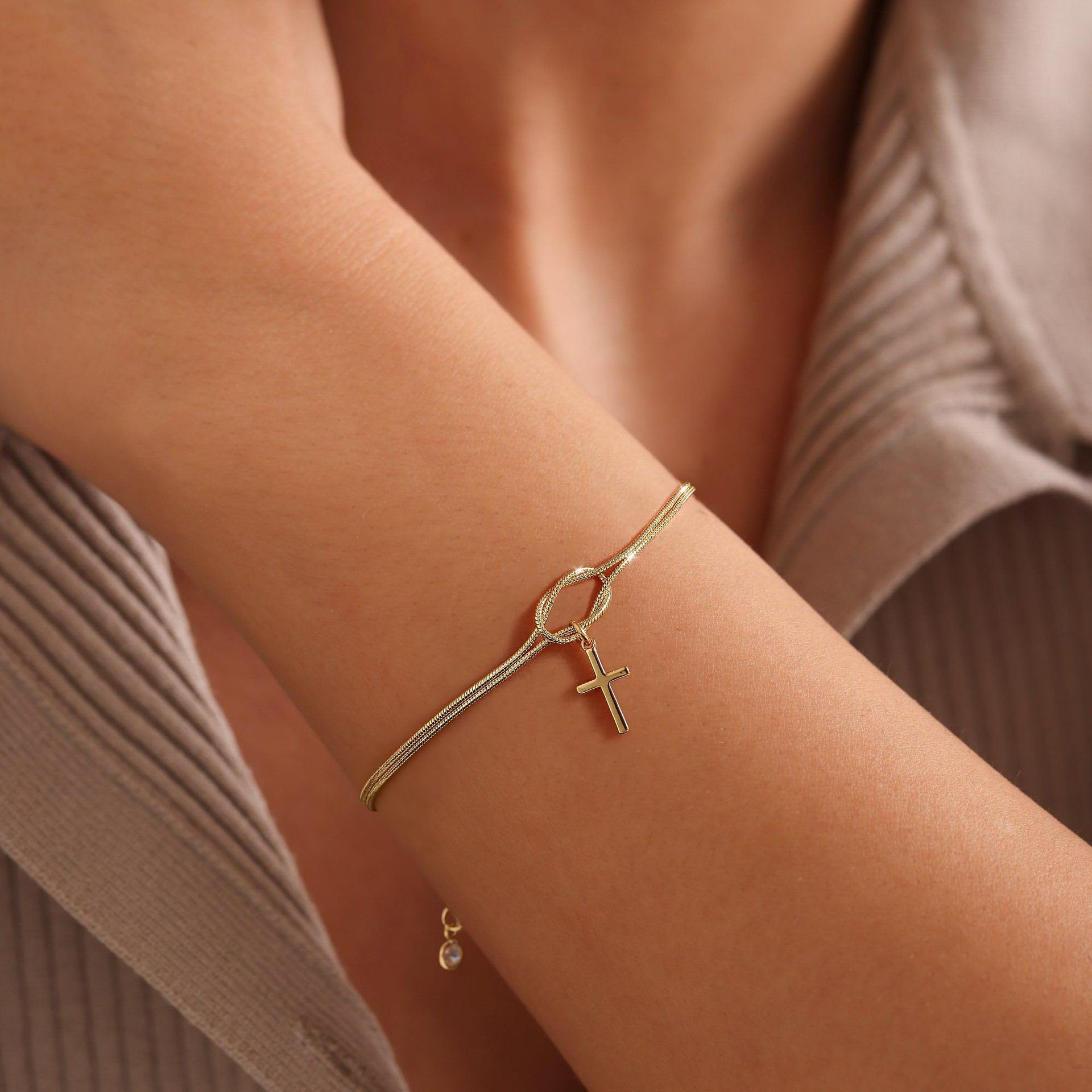 Cross Bracelet for Women, Dainty 14K Gold Plated or Silver Plated Pearl Knot Chain Religious Charm Jewelry — image 6