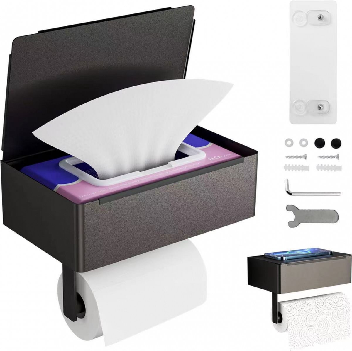 Toilet Roll Holder - Toilet Roll Holder with Shelf - Toilet Paper Holder - Small Shelf & Tray - Shelf Storage Space - Self-Adhesive or Drill-Removed - Bathroom — image 4