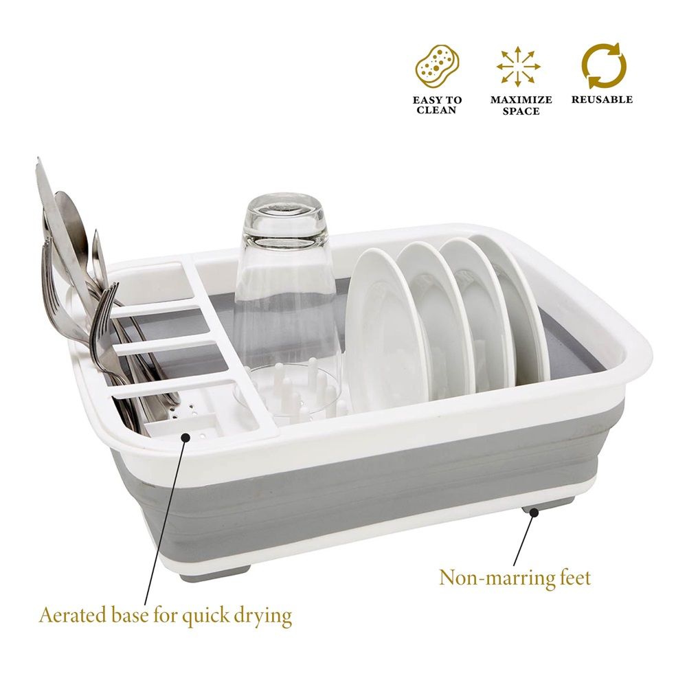 Silicone Clear & Grey Dish Drying Rack with 4 Silverware Slots Compact Size | Collapsible Space-Saving Design Fits in Cabinet(Excluding tableware ) — image 3